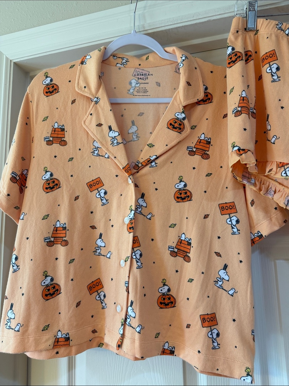 American Eagle Luxe Peanuts Orange Halloween Snoopy Pajama Set Sz M. Box56 - Picture 3 of 5